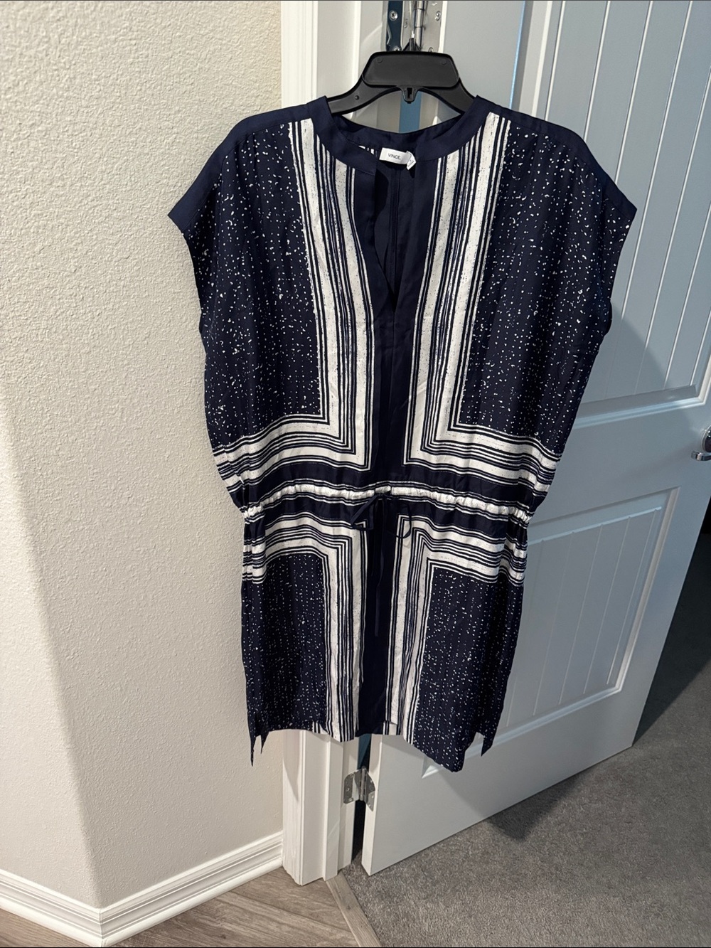Vince Navy and White Patterned Drawstring Tunic